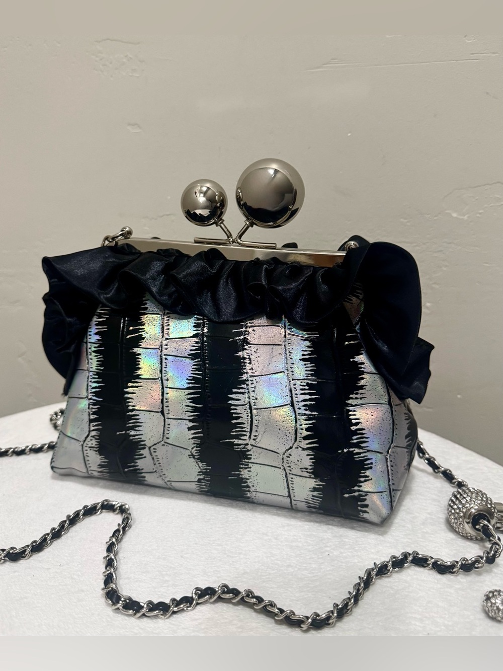 Iridescent Embossed Leather Handmade “Super Ball” Kisslock With Lace Trim Bag